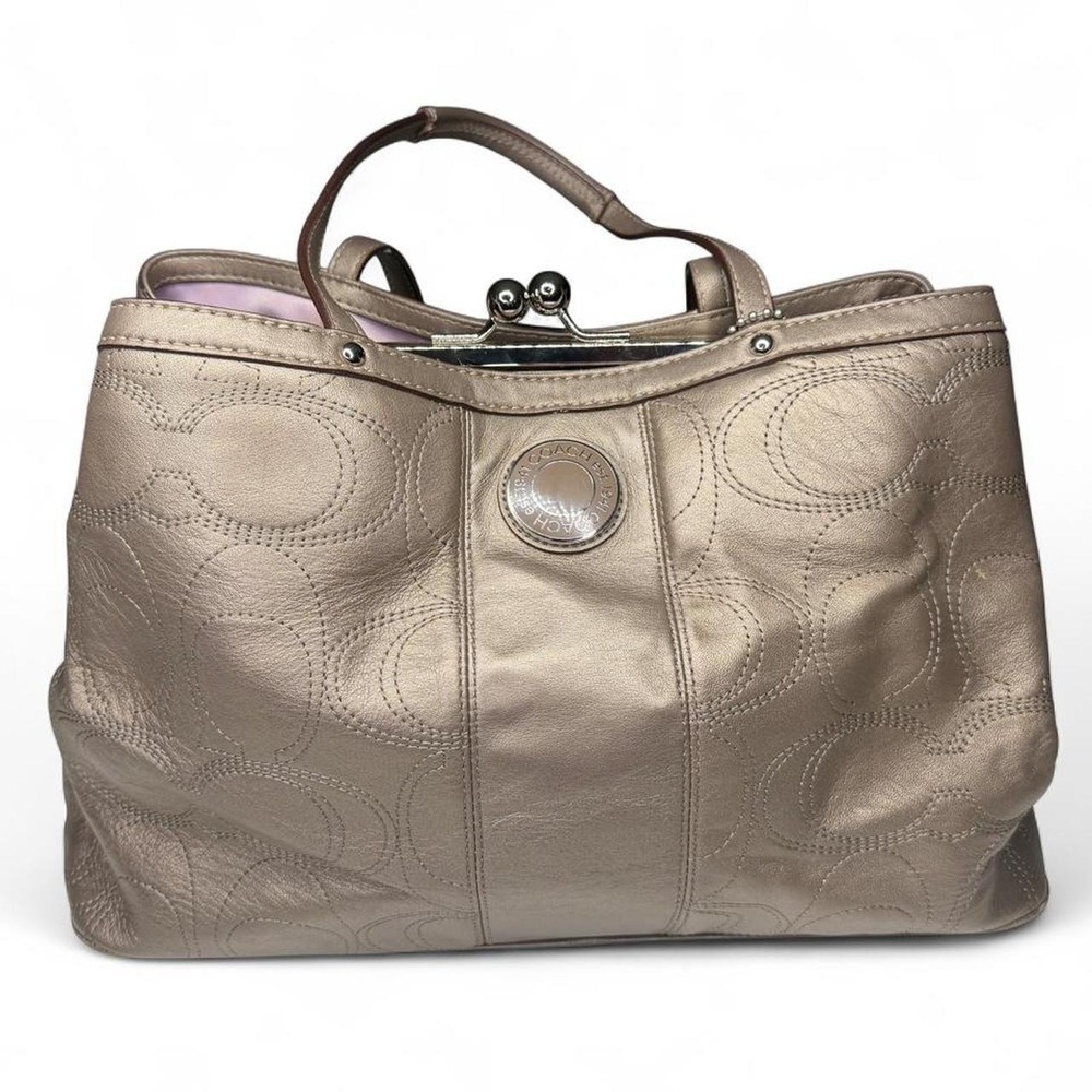 Coach Madison Sophia Kisslock Satchel Metallic Pewter Leather Purse F19413 Large
